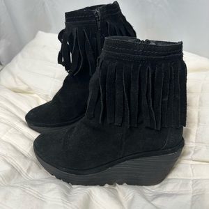 Fly London Suede Wedge Boot Fringe Black Size 38